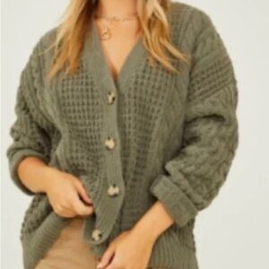 Altar'd State Olive Button-Up chenille cable knit cardigan